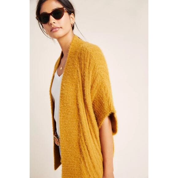 Anthropologie Lana Fuzzy Cardigan Womens Size M/L Mustard Short-Sleeved Open - Picture 11 of 11